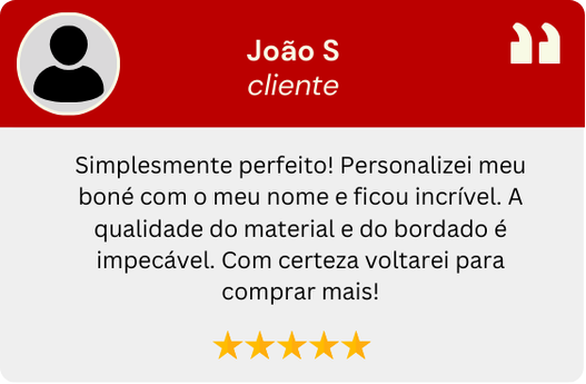 Simplesmente perfeito! Personalizei o boné com meu nome e ficou incrível. A qualidade do material bordado é impecável. Com certeza voltarei para comprar mais.