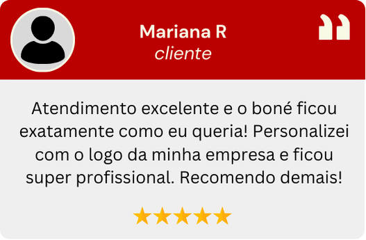 Atendimento excelente e o boné ficou exatamente como eu queria! Personalizei com o logo da minha empresa e ficou super profissional. Recomendo demais!