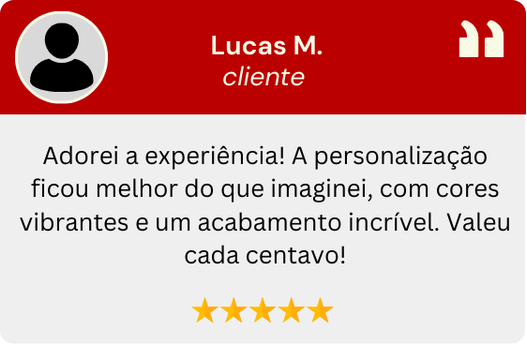 Adorei a experiência! A personalização ficou melhor do que imaginei, com cores vibrantes e um acabamento incrível. Valeu cada centavo!